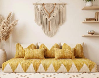 Sofá marroquí de suelo tejido a mano ∣ Asientos bohemios color amarillo mostaza ∣ Juego de cojines para sofá de suelo ∣ Tamaño personalizado