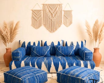 Divano da pavimento marocchino blu / Divano da pavimento boho / Seduta berbera fatta a mano / Rivestimenti senza imbottitura