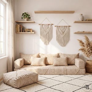 Sofá marroquí de suelo tejido a mano / Sofá de suelo bohemio beige / Conjunto de cojines / Tamaño personalizado / Sin relleno