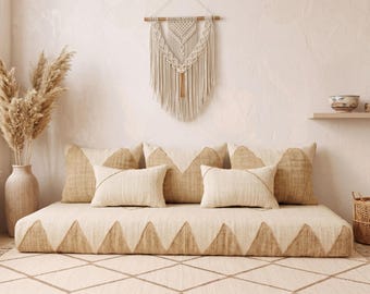 Handwoven Moroccan Floor Sofa ∣ Cream and Beige Boho Lounge Couch ∣ Unstuffed Arabic Majlis Seating Decor