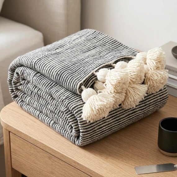 Handwoven Moroccan Wool Cotton Blanket – Black White Stripes, Tasseled Boho Throw