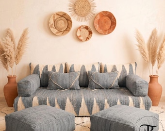 Graues marokkanisches Bodensofa ∣ Handgewebtes Berber Sofa ∣ Boho Majlis Sitzmöbel ∣ Modulares Lounge Set ∣ Ungefüttert
