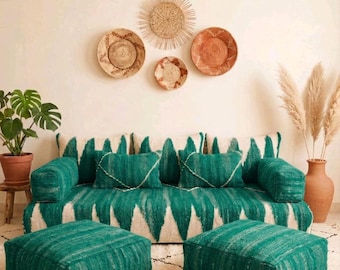 Handwoven Green Moroccan Floor Sofa ∣ 7ft Boho Floor Couch ∣ Cushion Set with Armrests ∣ Custom Size Unstuffed