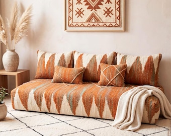 Boho Marokkanischer Boden Sofa Set Handgewebte Kissen Sitz Beige Lounge Unstuffed Benutzerdefinierte Größe