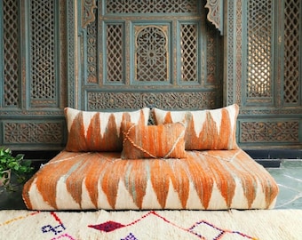 Custom Size Moroccan Floor Sofa Cushion Set | Handwoven Wool Boho Seating | Unstuffed Covers | Orange & Ivory