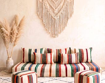 Divano da pavimento marocchino intrecciato a mano / Divano da pavimento boho a righe / Set di sedute con cuscini / Dimensioni personalizzate / Senza imbottitura