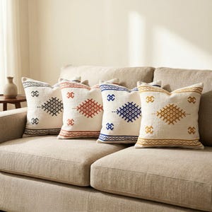 Conjunto de 4 capas de almofada minimalistas em lã e algodão, estilo boho tribal, tecidas à mão - Almofadas bordadas