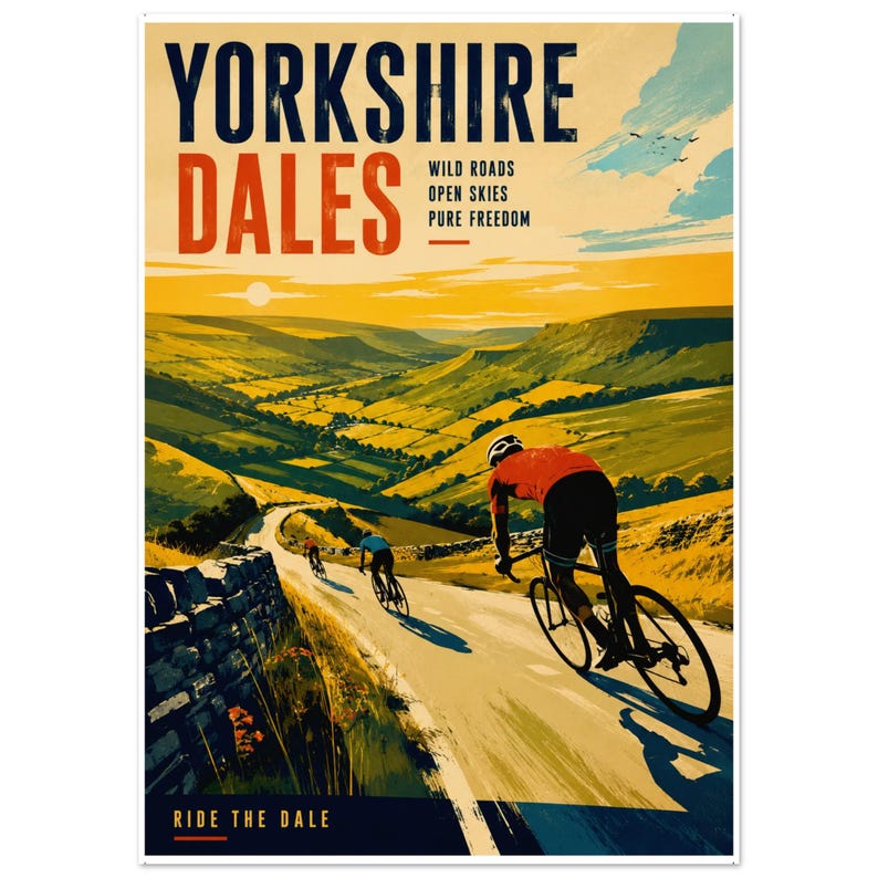 Yorkshire Dales Cycling Poster — Retro England Bike Art