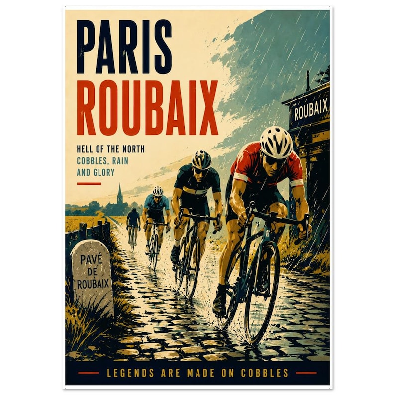 Paris Roubaix Cycling Poster — 'Hell of the North' Cobbles & Rain