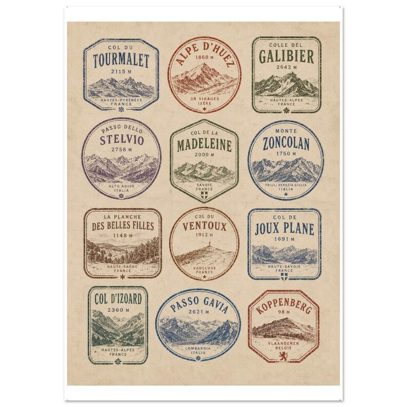Mont Ventoux & Iconic Peaks — Vintage Cycling Stamps Wall Art
