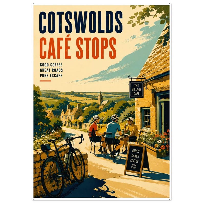 Cotswolds Café Stops Cycling Poster — Vintage Travel Art
