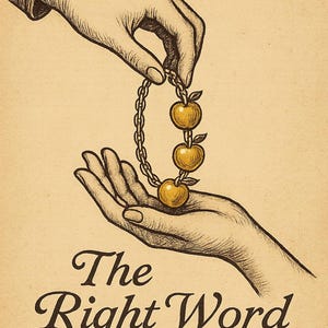 Può includere: Illustrazione in tonalità seppia con due mani che tengono un braccialetto a catena con tre ciondoli a forma di mela dorata. Il testo "The Right Word" è in basso. Lo stile è vintage.