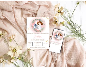 May include: A birthday invitation and a phone screen with a Star Wars theme. The invitation reads "Calling all Jedi Knights and Princesses" and "Sophia is turning three!" The phone screen says "Anna's Third Bath Gift Registry."