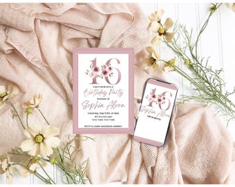 May include: A blush pink 16th birthday party invitation with floral accents. The invitation is displayed on a white background with a matching smartphone. The text reads "You're Invited to a Birthday Party in honor of Sophia Alora."