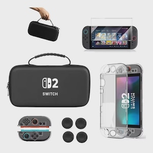 Switch 2 Storage Bag, Crystal Case Protective Cover, Tempered Glass 4 Thumb Grip