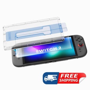 May include: A Nintendo Switch 2 console with a screen protector being applied. The screen protector is clear with a blue application guide. The console is black with red and black control buttons. The screen displays the words "SWITCH 2".