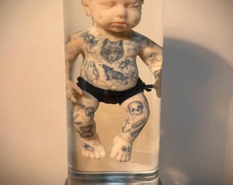 Tattooed Silicone Baby in Display Tank – Handmade Art Doll – OOAK Collectible
