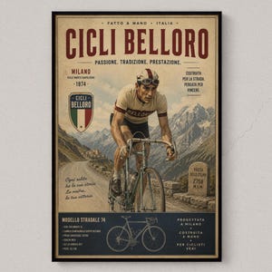 Vintage Italian Road Bike Poster, Retro Road Bike Wall Art, European Bicycle Racing Decor, Cyclist Gift, Tour de France Cycling Artwork