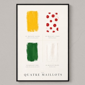 May include: A framed poster featuring four painted swatches representing cycling jerseys: a solid yellow, a white with red polka dots, a solid green, and a solid white. Text includes LE MAILLOT JAUNE, LE MAILLOT A POIS, LE MAILLOT VERT, LE MAILLOT BLANC, and LES QUATRE MAILLOTS.
