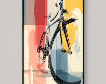 May include: A framed art print featuring a stylized illustration of a bicycle. The artwork uses a palette of red, yellow, blue, and black against a neutral background. The bicycle is depicted in a semi-abstract style.