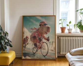 Póster de Capibara en Bicicleta – Divertido arte mural de animales, Estampado de un lindo capibara, Decoración de bicicleta original para amantes de los animales