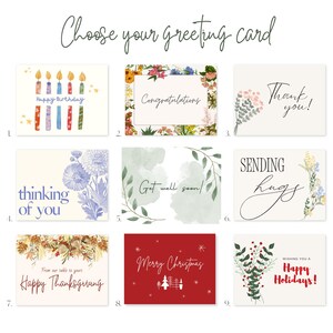 May include: A selection of greeting cards with various designs and messages. Cards include "Happy Birthday," "Congratulations," "Thank you!," "Thinking of you," "Get well soon!," "Sending hugs," "Happy Thanksgiving," "Merry Christmas," and "Happy Holidays!"