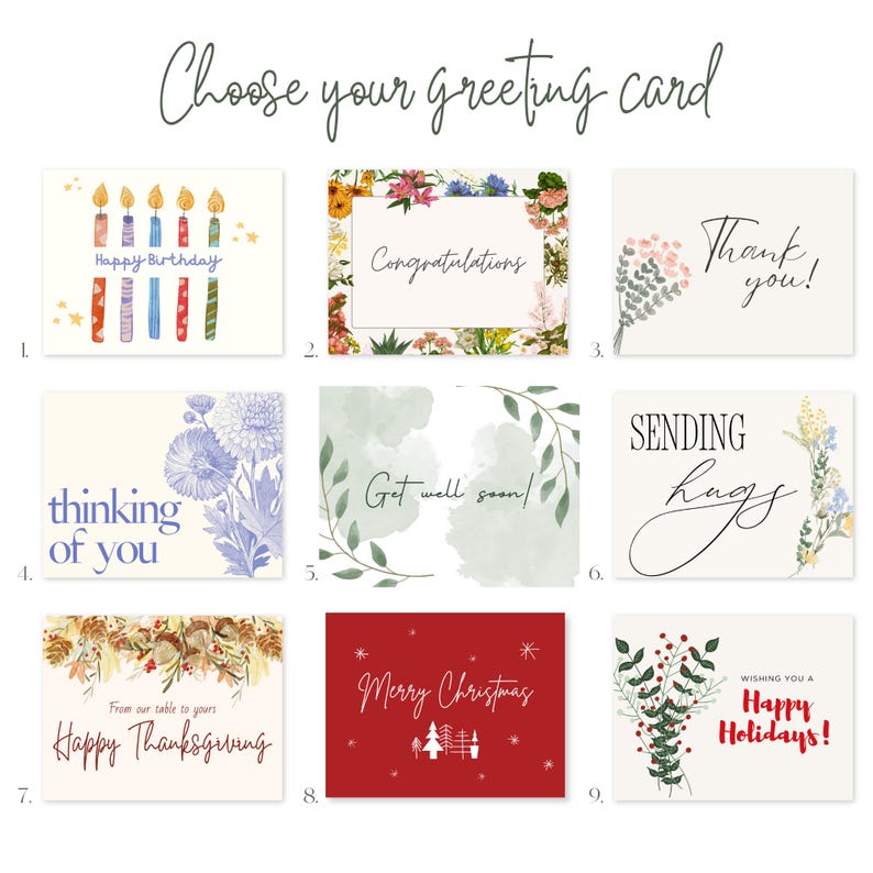 May include: A selection of greeting cards with various designs and messages. Cards include "Happy Birthday," "Congratulations," "Thank you!," "Thinking of you," "Get well soon!," "Sending hugs," "Happy Thanksgiving," "Merry Christmas," and "Happy Holidays!"