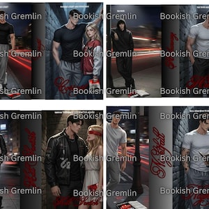May include: A series of book covers with illustrations of people in different poses. Each cover displays the text "Bookish Gremlin" and a title in a decorative font. The covers have a dark, urban theme with red highlights.