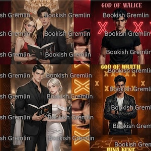 Könnte beinhalten: Eine Collage von Buchcovern mit Illustrationen von Paaren und einzelnen Figuren. Der Text "Bookish Gremlin" erscheint mehrfach. Die Cover tragen Titel wie "God of Malice" und "God of Wrath".