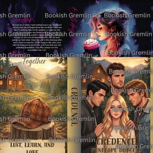 Peut inclure: Couverture de livre avec une femme tenant un cupcake, une cabane dans les bois et un groupe de personnes. Les titres des livres sont "Credence" et "Together". La couverture contient le texte "Lust, Learn, and Love".