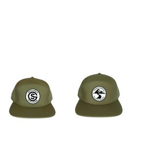 May include: Two olive green, five-panel caps. One cap features a white and black circular logo with the letters "G" and "S". The other cap has a white and black circular logo with a mountain and road design. Both caps have a flat brim.
