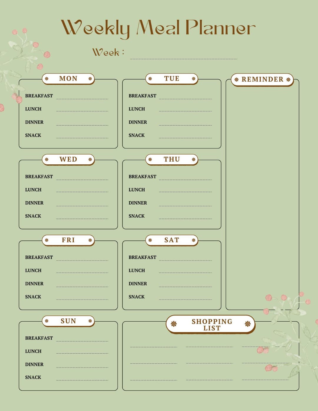 Weekly Meal Planner Printable: Floral Design, Shopping List (digital ...