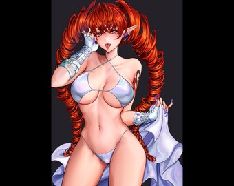 May include: An anime-style illustration of a character with long, curly red hair styled in pigtails. The character is wearing a white bikini, arm cuffs, and a flowing white fabric. The character has pointed ears and a tattoo on their arm.