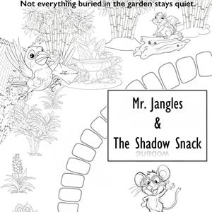 May include: Black and white line art illustration of a backyard scene with text that reads "Backyard Chronicles". The image includes a bird, squirrel, mouse, and the text "Mr. Jangles & The Shadow Snack".