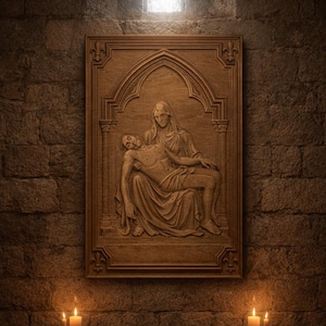 May include: A wooden relief carving depicting a religious scene of a seated woman holding a man. The carving is set in a stone wall, with candles at the bottom and a window at the top. The artwork is in a dark, warm color palette.