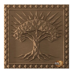 Könnte beinhalten: Braune Holzskulptur eines stilisierten Baumes mit geometrischen Formen. Der Baum hat einen strukturierten Stamm, Äste und Wurzeln, eingebettet in einen quadratischen Rahmen mit dekorativem Rand. Das Logo "STL Structures" befindet sich unten rechts.