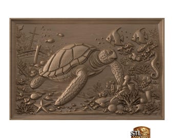 May include: A rectangular brown wall plaque featuring a detailed relief carving of a sea turtle swimming underwater. The scene includes a shipwreck, coral, a starfish, a seahorse, and various fish. The logo STL Structures is in the bottom corner.