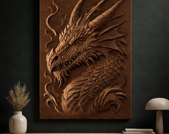 May include: A detailed wooden carving of a dragon's head, showcasing intricate textures and scales. The artwork is mounted on a rectangular wooden panel, with the dragon's profile prominently displayed. The carving is in shades of brown, creating a rustic and detailed aesthetic.