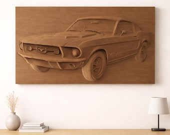 Ford Mustang STL-model reliëf CNC-router houtsnijwerk en 3D-printen