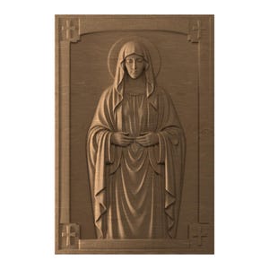 May include: A wooden relief carving of a robed figure with a halo, hands clasped in prayer. The figure is framed by a rectangular border with cross motifs at each corner. The carving is in shades of brown.