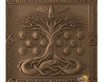 Yggdrasil World Tree STL Relief | Norse Viking Wood Carving, CNC, 3D Print (Commercial License)