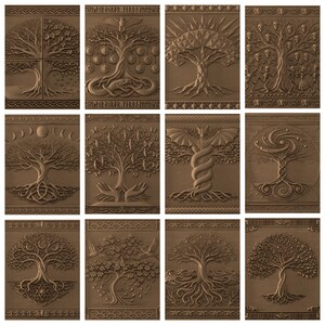 May include: A collection of twelve brown, intricately carved wooden panels, each featuring a unique tree design. The panels showcase various tree motifs, including those with roots, branches, and symbolic elements, suitable for wall decor.