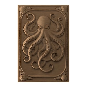 May include: A detailed wooden carving of an octopus within a rectangular frame. The octopus has multiple curling tentacles and is centered on the wooden panel. The frame has decorative corner accents.