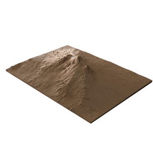 May include: A detailed, brown topographical map of a mountain range. The map is a rectangular shape, with the mountains rising from the surface. The texture of the map shows the contours and elevations of the terrain. The overall color is a warm brown.