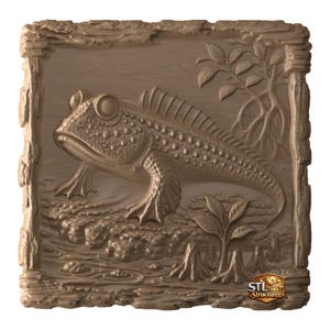 May include: A square brown relief carving featuring a mudskipper fish with textured skin, large eyes, and fins, positioned on a muddy bank with small plants. The border has a rough, bark-like texture, and the logo STL Structures is in the corner.