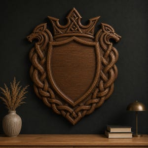 May include: A carved wooden shield with a crown and wolf heads, featuring intricate knotwork. The shield is a rich brown color and is mounted on a dark wall. Decorative wall art.