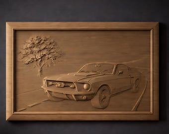 Ford Mustang Car Bas Relief STL File  | CNC Wood Carving, Router & 3D Printing  | Home Decor | Digital Instant Download