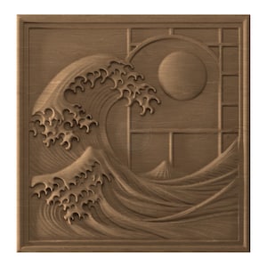 Puede incluir: Un relieve de madera que representa una ola estilizada, un sol y una montaña, todo dentro de un marco cuadrado. El diseño recuerda al arte japonés, con texturas detalladas y un acabado de madera natural. Una obra de arte decorativa para la pared.