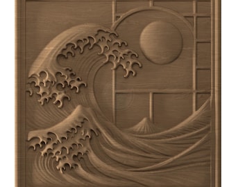 STL-bestand Wave Rising Sun, CNC-houtsnijwerk, decoratief bas-reliëf, digitale download