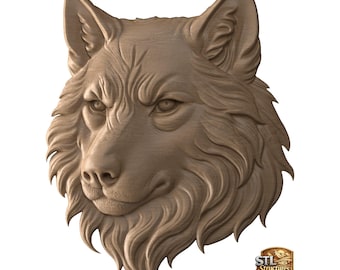 May include: A brown, carved wooden relief sculpture of a wolf head featuring detailed fur texture, pointed ears, and focused eyes. The design includes a small logo in the bottom right corner with the text STL Structures and a mountain icon.